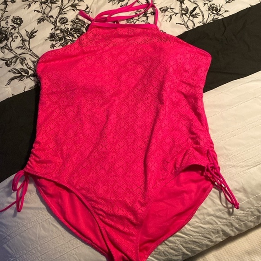 SO Bright Pink Lace High Neck One Piece Swim Suit Size 3X